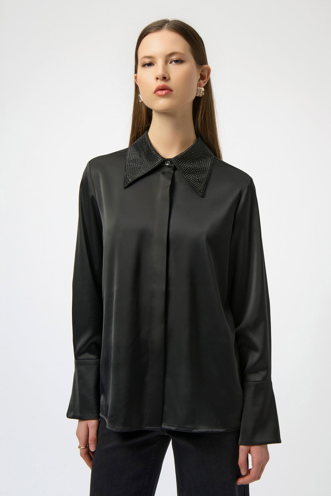 Satin Button-Front Blouse with Embellished Collar