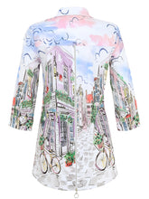 Load image into Gallery viewer, Dolcezza Simply Art White Multi &quot;Sunday Afternoon&quot; Print High Low Button Front Shirt
