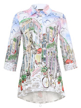 Load image into Gallery viewer, Dolcezza Simply Art White Multi &quot;Sunday Afternoon&quot; Print High Low Button Front Shirt
