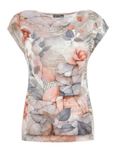 Load image into Gallery viewer, Dolcezza Simply Art Grey &amp; Peach &quot;Quite Rose&quot; Print Cotton Blend Cap Sleeve Top
