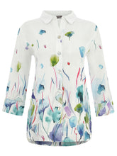 Load image into Gallery viewer, Dolcezza Simply Art White Multi &quot;Misty Blossom&quot; Print Linen Tunic Button Front Shirt
