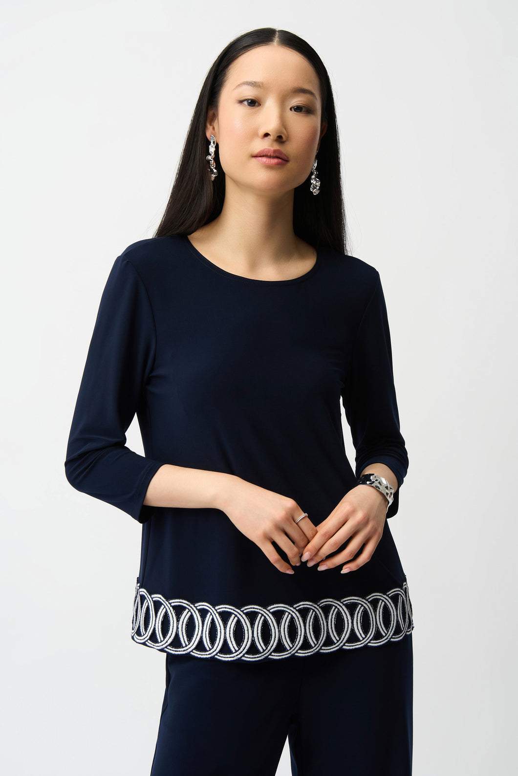 Silky Knit Fitted Top With Guipure Hem Detail