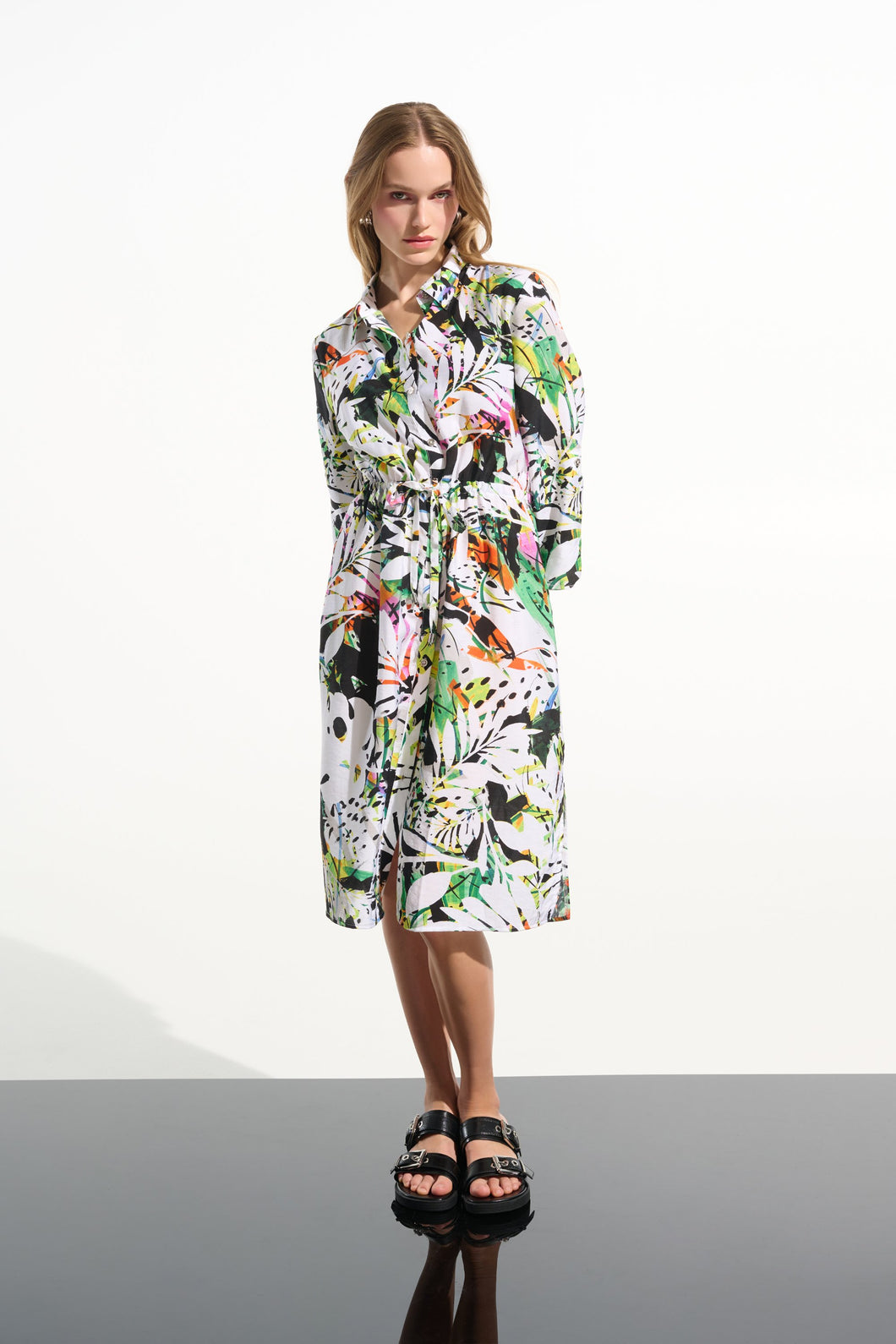 Crinkled Woven Tropical Print Shirt Dress