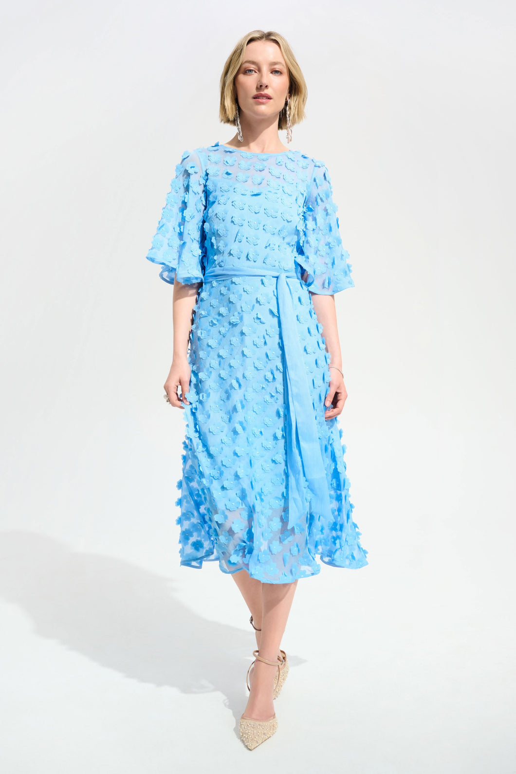 Signature | 3D Embroidered Chiffon Fit And Flare Dress With Sash Belt