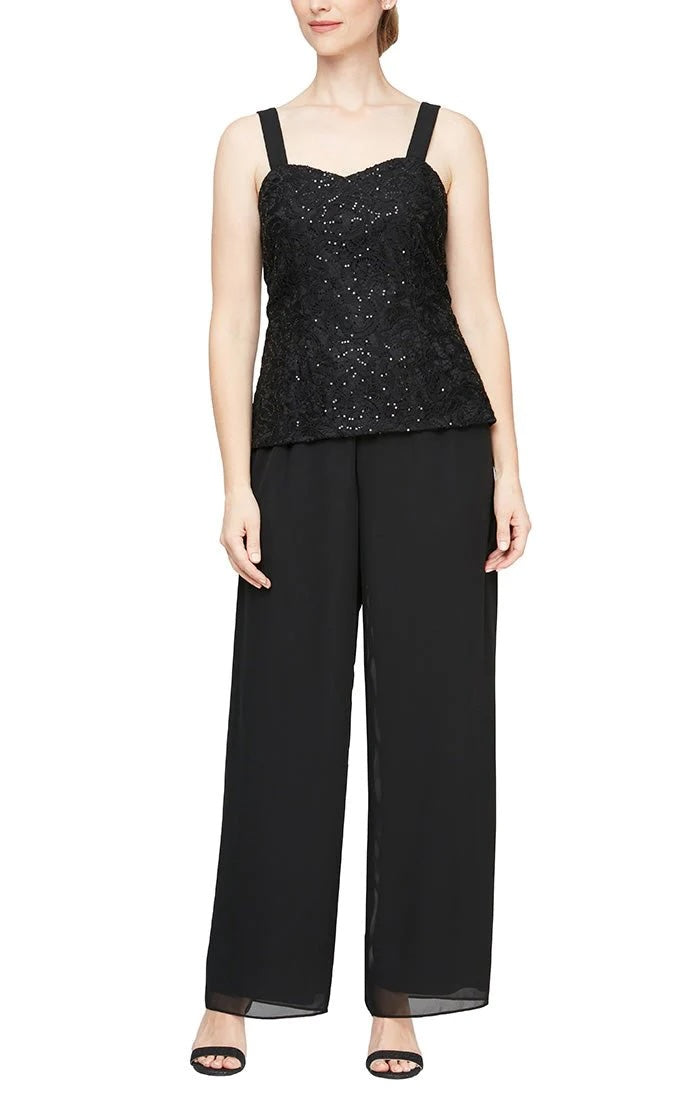 Alex Evenings Black Three Piece Lace Chiffon Pantsuit