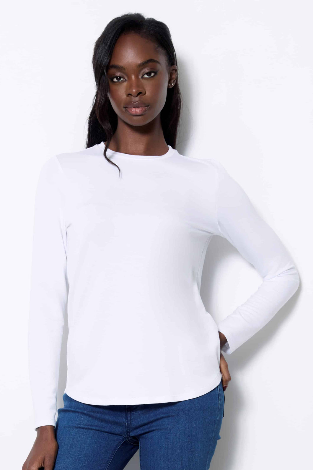 UP! Solid Provence Long Sleeve Slim Fit Crew Neck Top in White or Habor