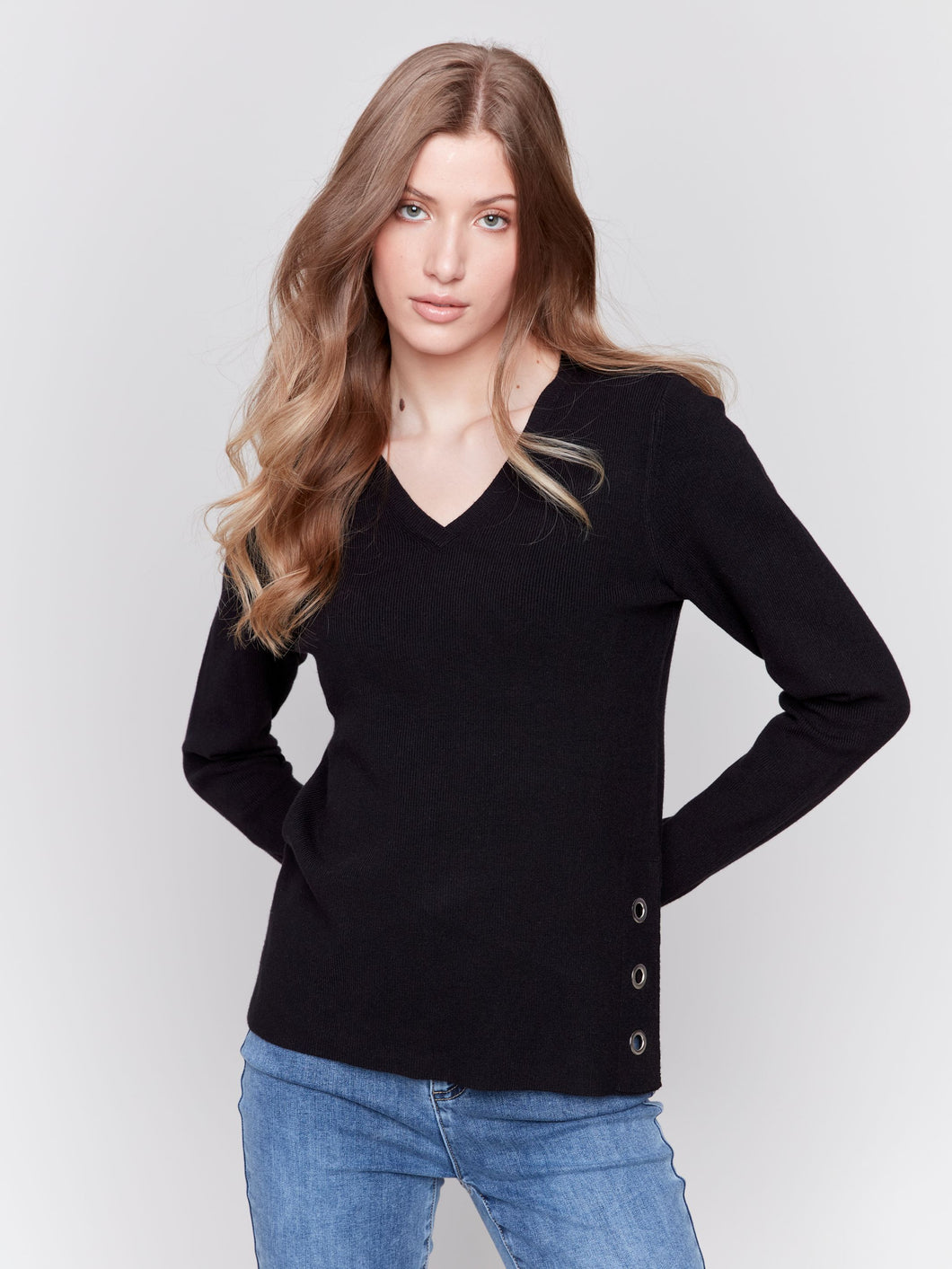 Charlie B Plushy Knit V-Neck Sweater with Side Slit & Grommet Detail in Black Or Woodrose