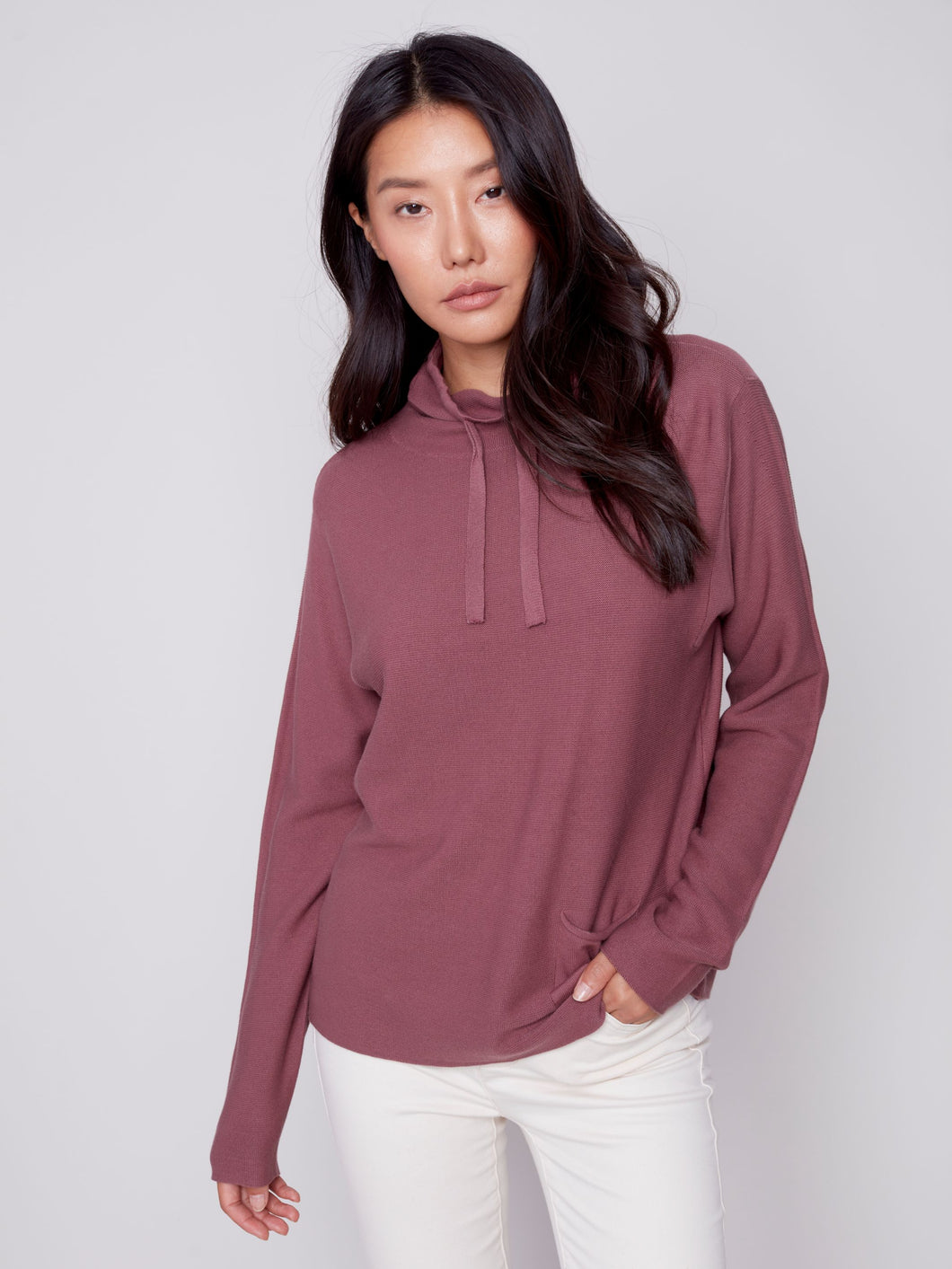 Charlie B Solid Ottoman Cotton Funnel Neck Raspberry Sweater With Pocket Detail - 100% Cotton