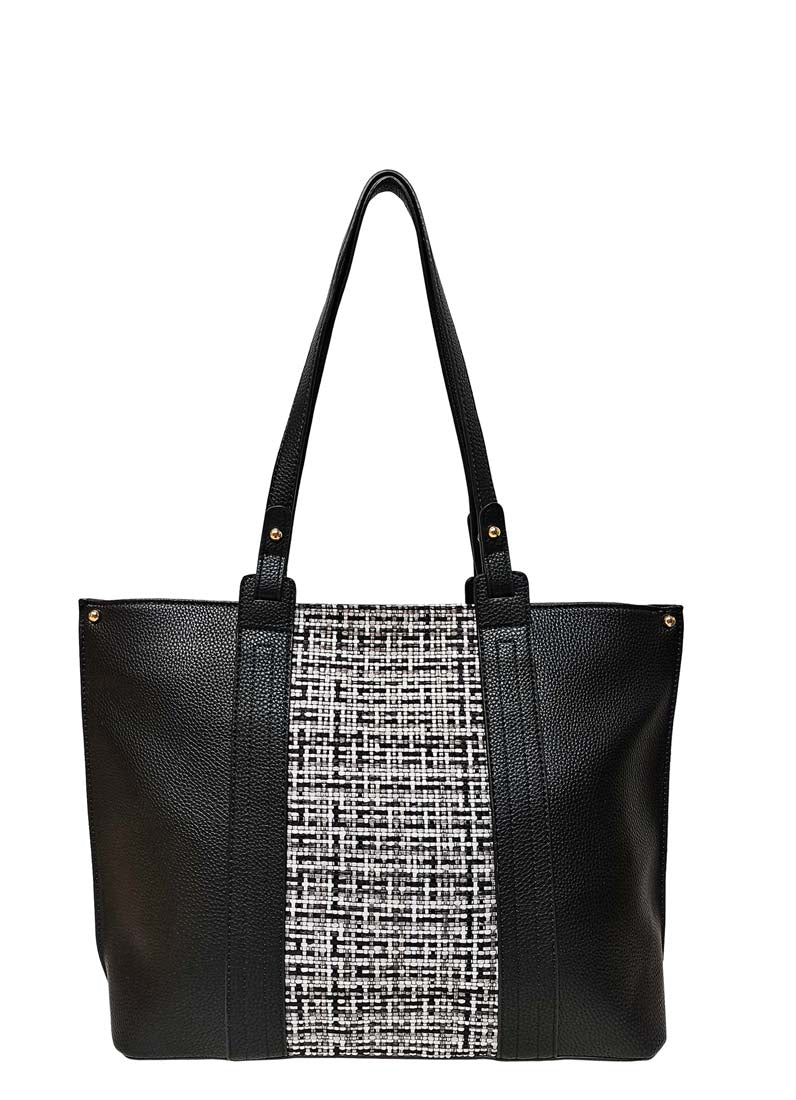 B.lush Black Classic Tote Bag with Back Zipper Pocket with Tweed Front Panel