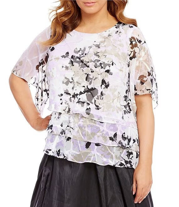 Alex Evenings Round Neck Wide Elbow Sleeve Multi Print Tiered Top