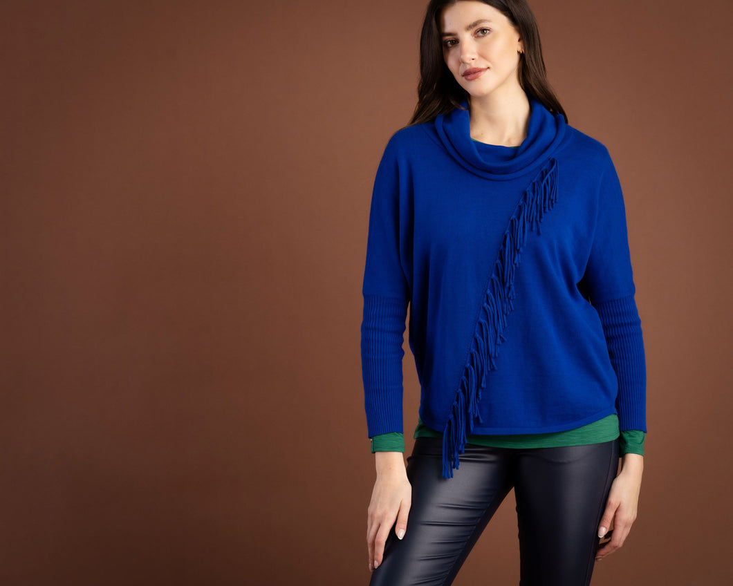 Marble Berry Asymmetric Fringe Detail Sweater with Soft Cowl Neck - 100% Cotton