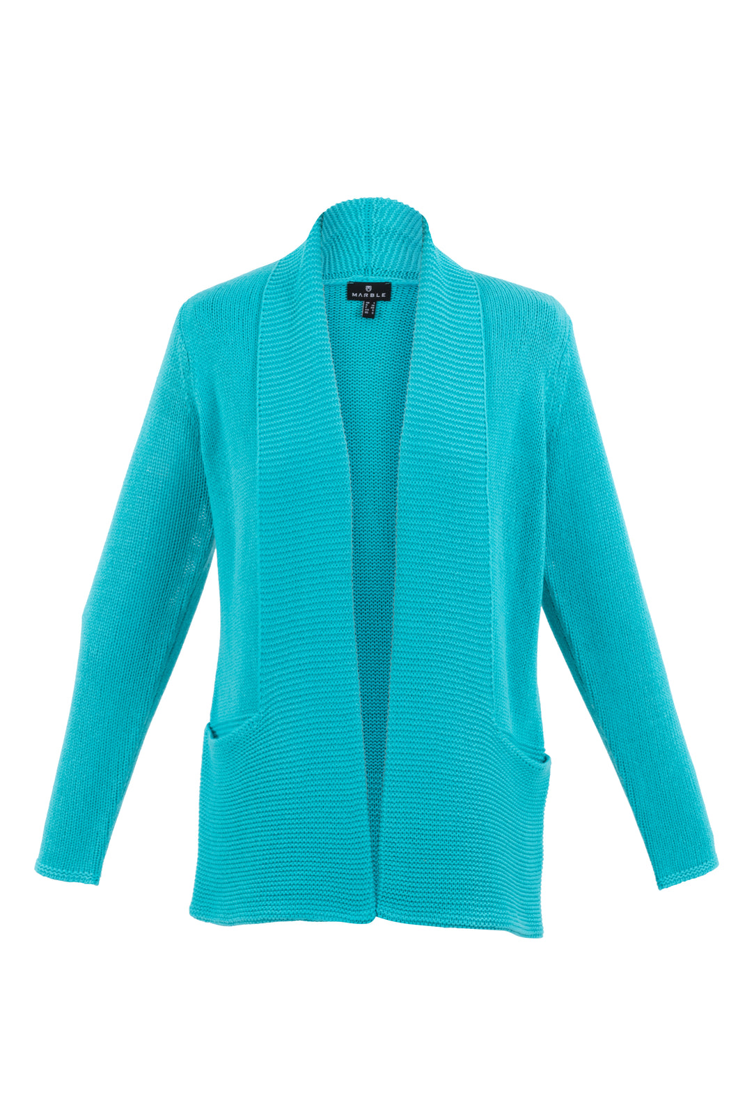 Marble Long Sleeve Open Cardigan with Ribbed Trim In Aqua or Khaki