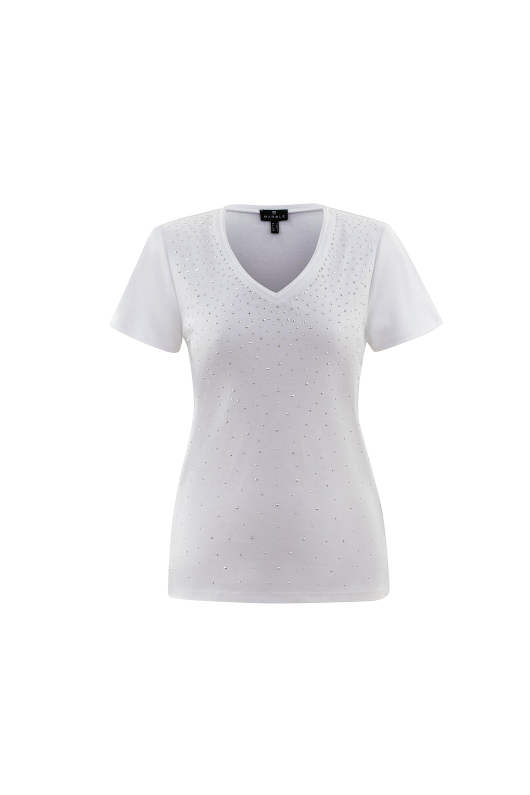 Marble White Short Sleeve V-Neck Super Soft Cotton Rib Top with Embellishment