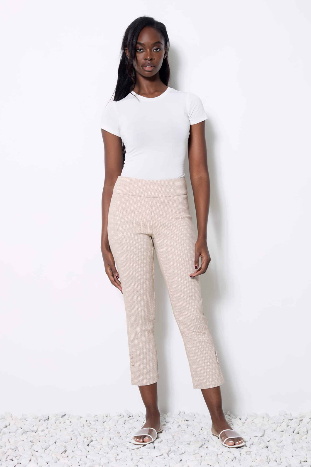 UP! Panama Textured Beige Print Techno Cropped Pant