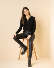 Load image into Gallery viewer, Marble Black Long Sleeve Fitted Collar Sweater with Button Detail
