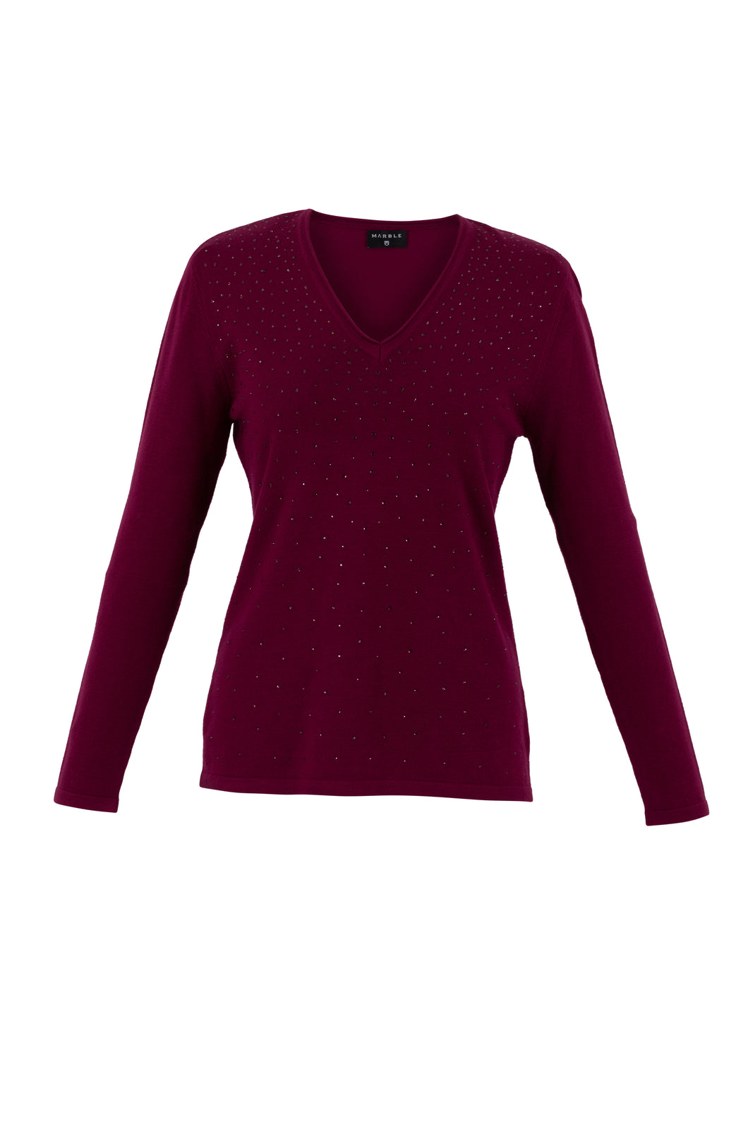 Marble Classic Fit V-Neck Long Sleeve Sweater with Front Sparkle