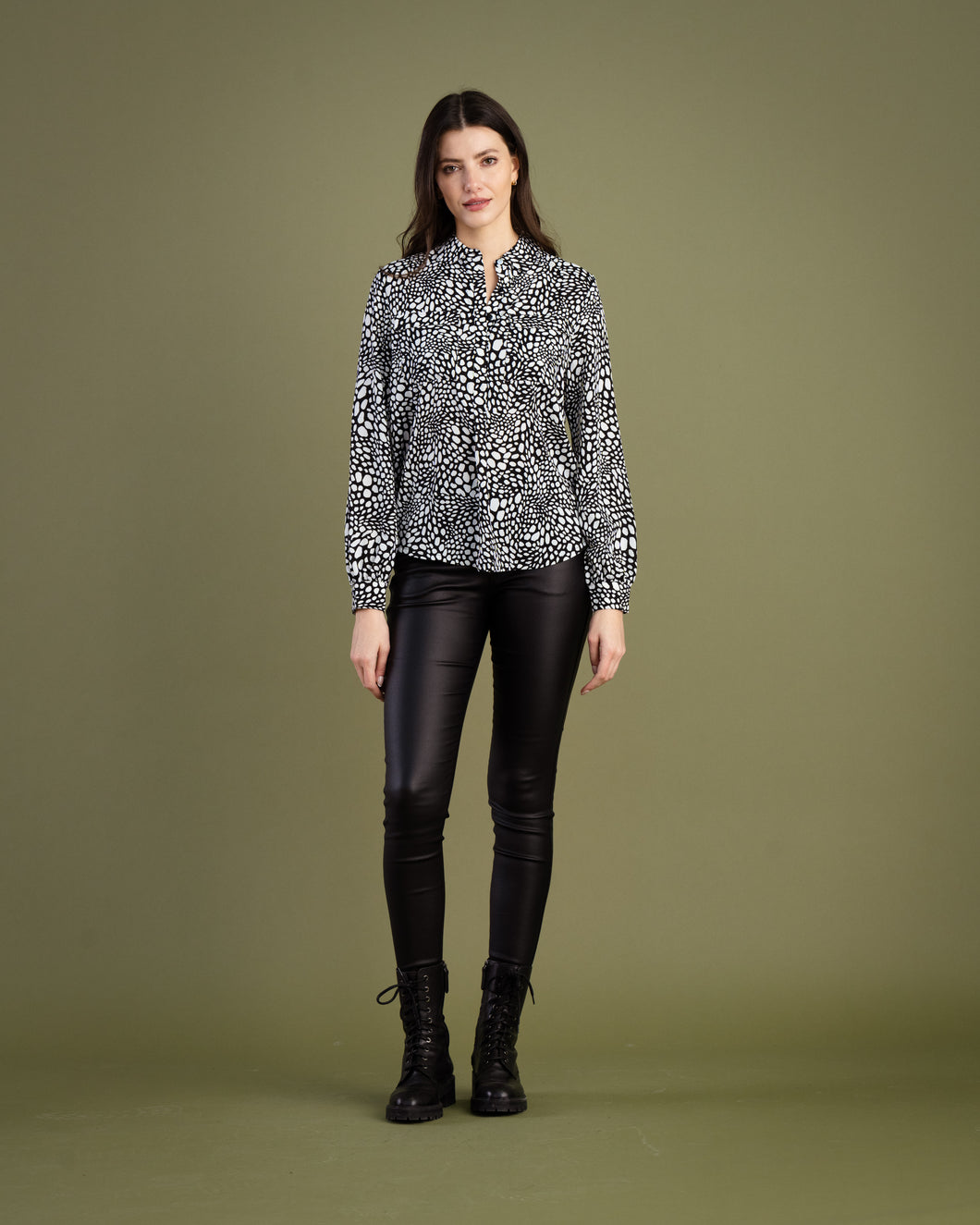 Marble Black Print Half Button Down Relaxed Fit Collared Blouse