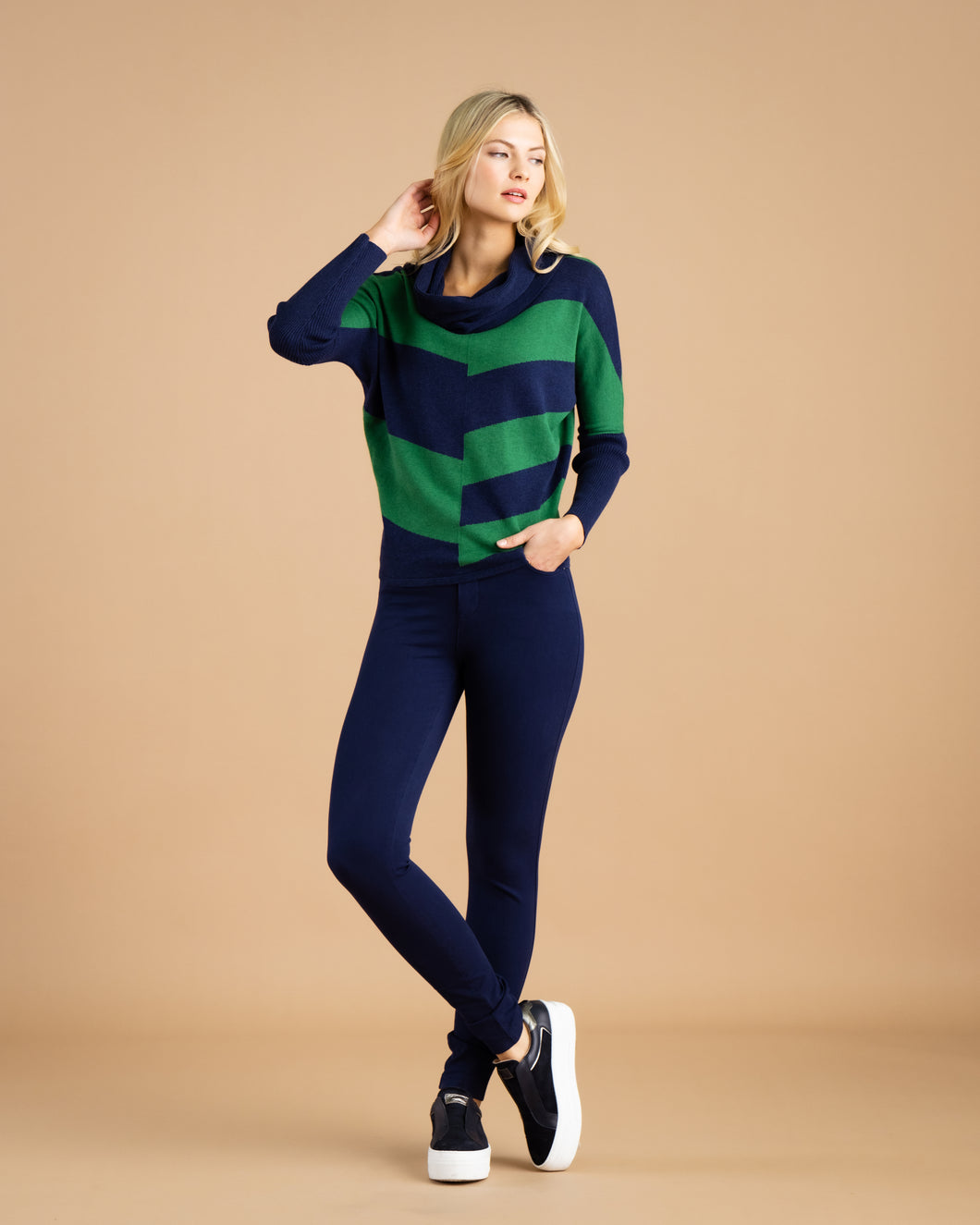 Marble Two Tone Navy Green Oversized Cowl Neck Sweater - 100% Cotton