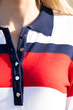 Load image into Gallery viewer, Marble Red, White, Navy Classic Fit Elbow Sleeve Stripe Polo Top with Split Ribbed Cuff
