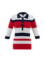 Load image into Gallery viewer, Marble Red, White, Navy Classic Fit Elbow Sleeve Stripe Polo Top with Split Ribbed Cuff
