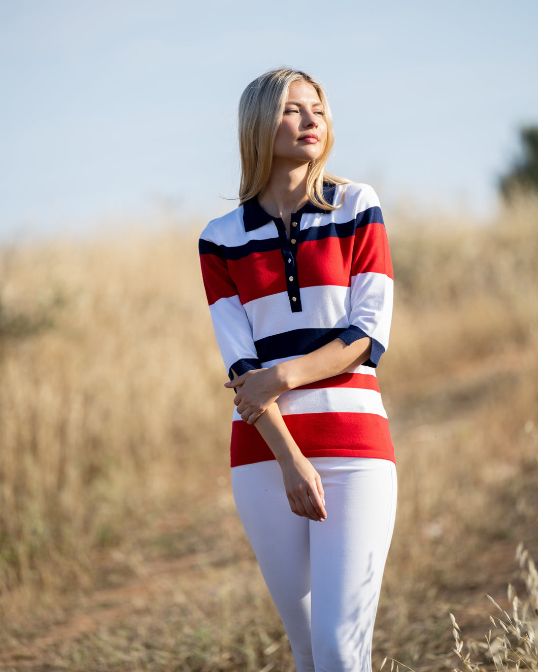 Marble Red, White, Navy Classic Fit Elbow Sleeve Stripe Polo Top with Split Ribbed Cuff