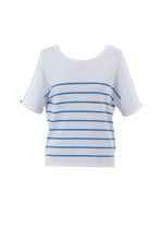 Load image into Gallery viewer, Marble Powder Blue Mock Button Reversible V-Neck Cap Sleeve Stripe Tee Style Sweater
