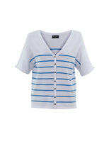 Load image into Gallery viewer, Marble Powder Blue Mock Button Reversible V-Neck Cap Sleeve Stripe Tee Style Sweater
