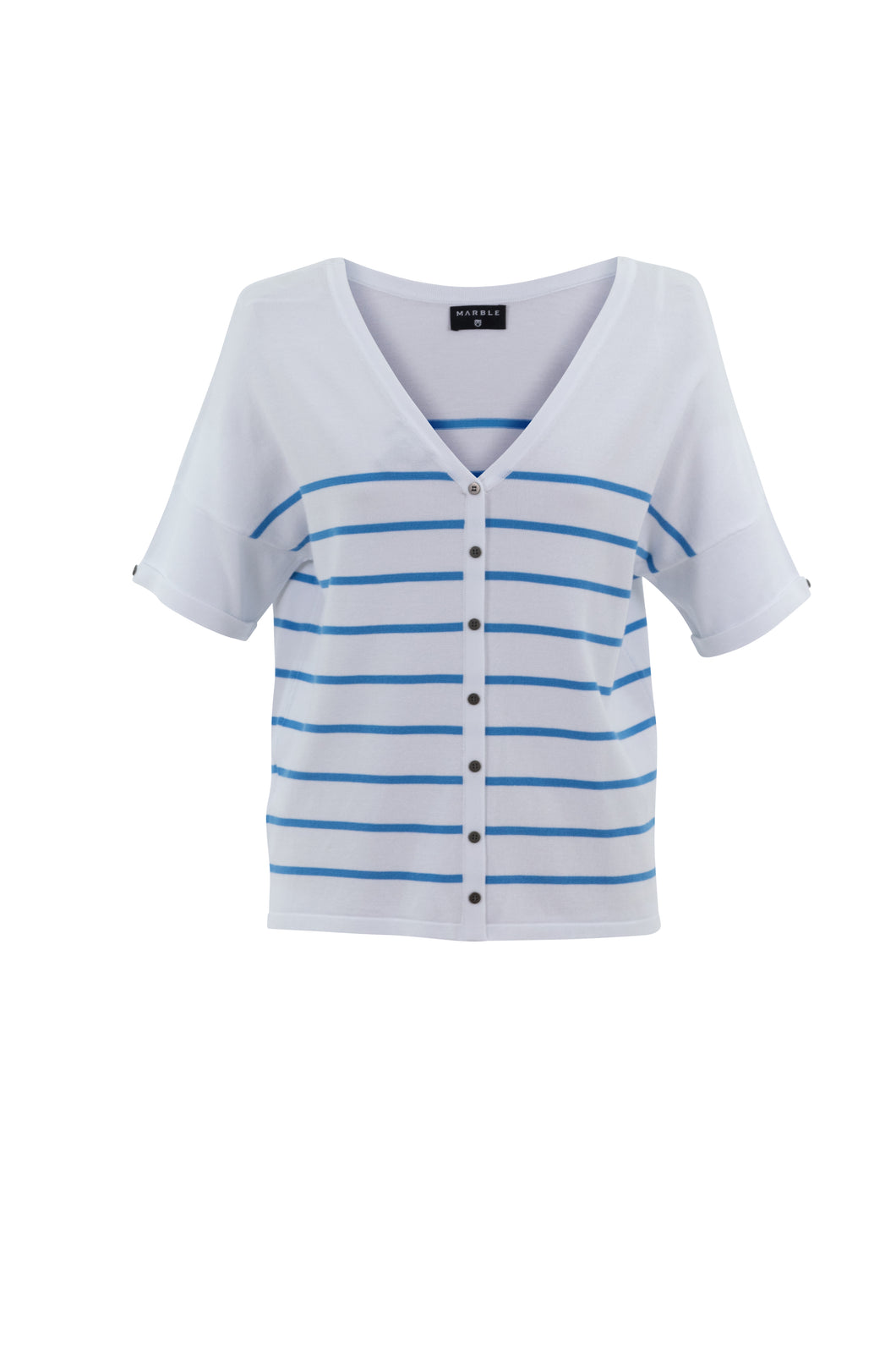 Marble Powder Blue Mock Button Reversible V-Neck Cap Sleeve Stripe Tee Style Sweater