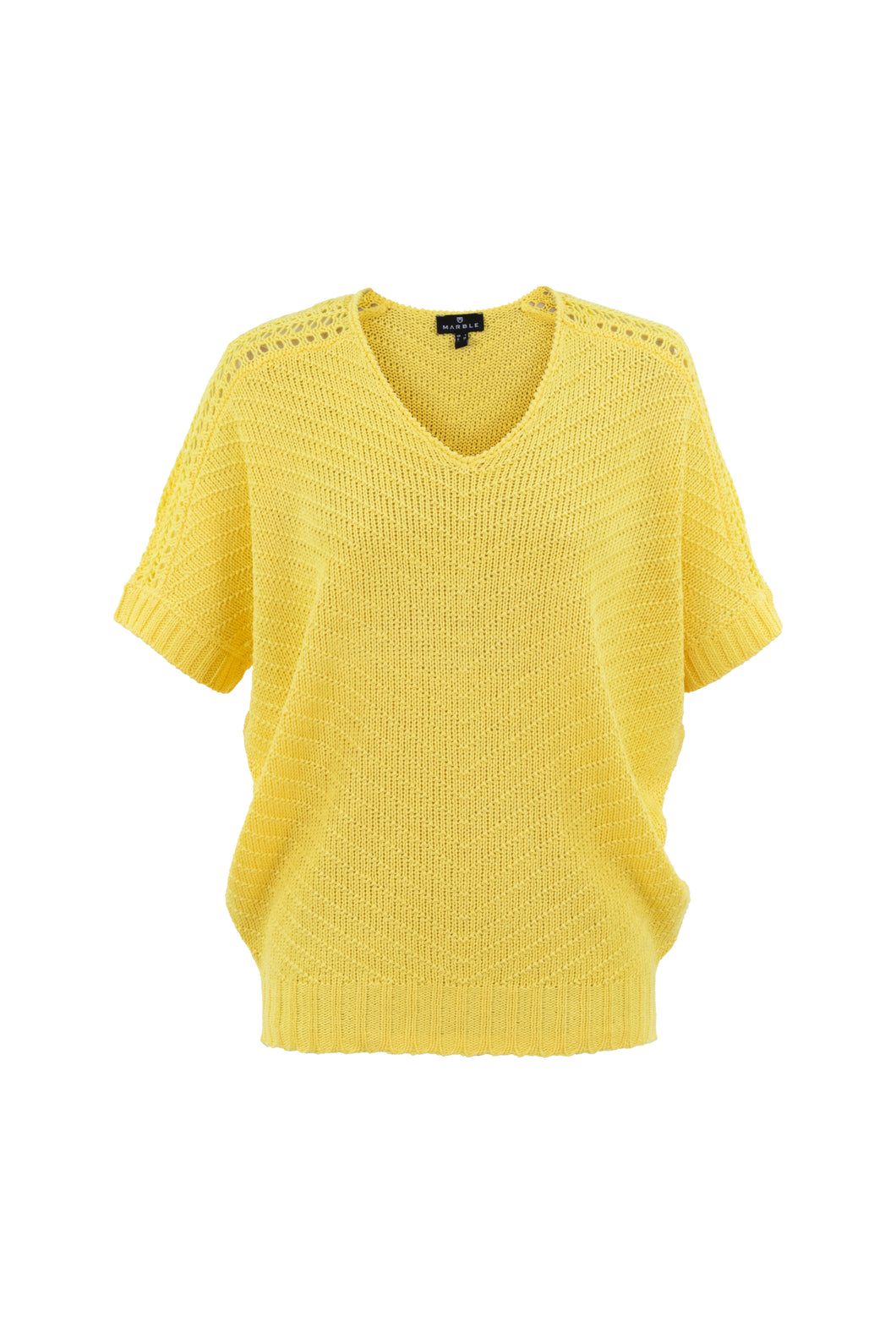 Marble Yellow V-Neck Short Dolman Sleeve Sweater with Open Knit Shoulder Detail