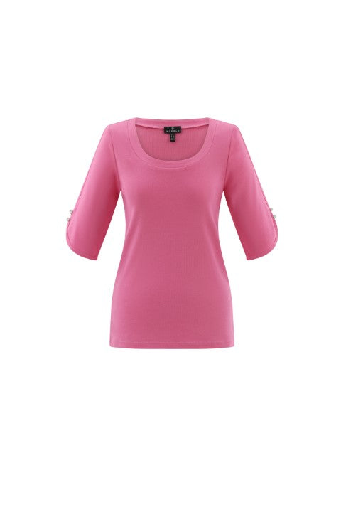 Marble Super Soft Scoop Neck Cotton Top with Button Detail in Navy, Pink or White