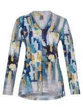 Load image into Gallery viewer, Dolcezza &quot;Abstract&quot; Blue Multi Print V-Neck Front Pleated Fooler Top with Split Back
