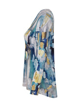 Load image into Gallery viewer, Dolcezza &quot;Abstract&quot; Blue Multi Print V-Neck Front Pleated Fooler Top with Split Back
