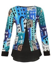 Load image into Gallery viewer, Dolcezza &quot;City Stories&quot; Blue Multi Print Fooler Top with Split Back
