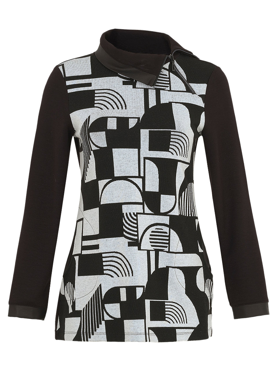 Dolcezza Black & White Print Top with Side Zip Neckline