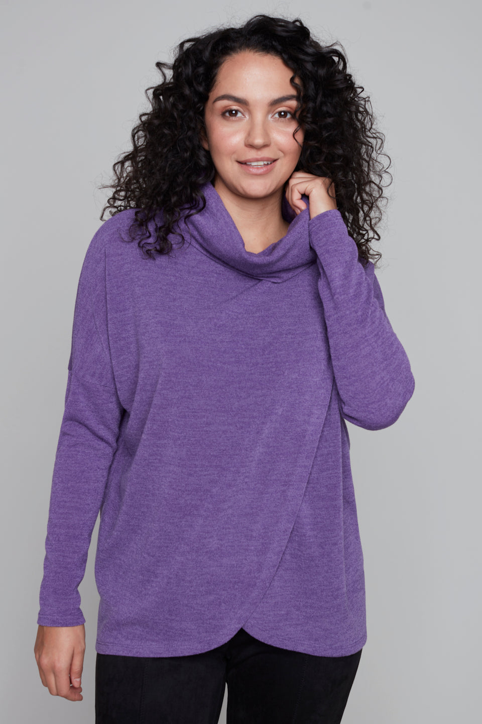 Carre Noir Cowl Neck Crossover Top with Front Panel in Blue or Purple