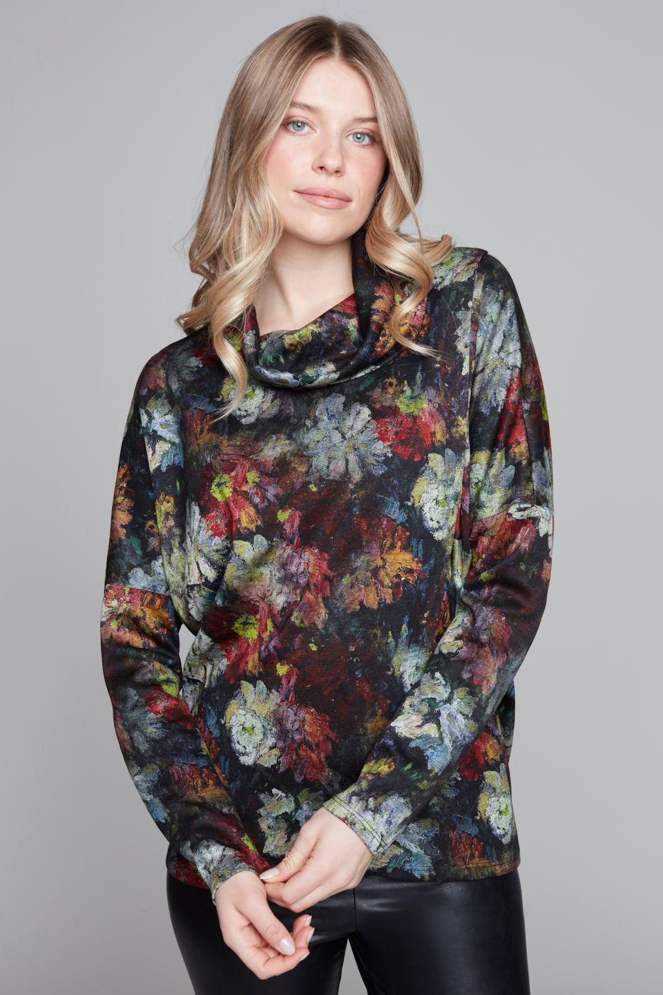 Carre Noir Multi-Colour Floral Print Cowl Neck Top with Front Panel