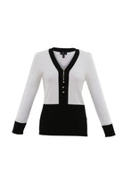 Load image into Gallery viewer, Marble Fit and Flare Two-Colour Sweater with Button Detail at Neckline in Red or Ivory
