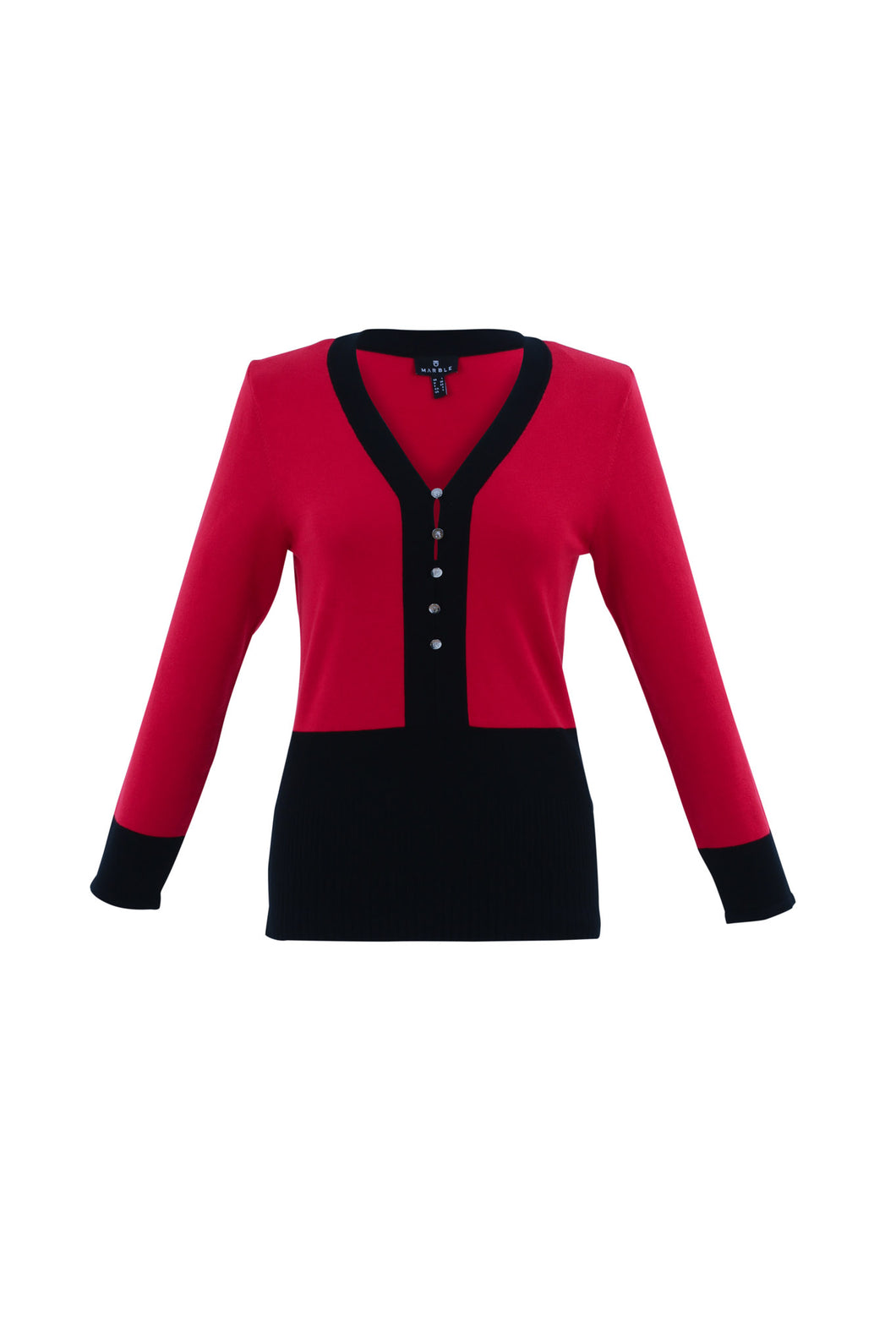 Marble Fit and Flare Two-Colour Sweater with Button Detail at Neckline in Red or Ivory