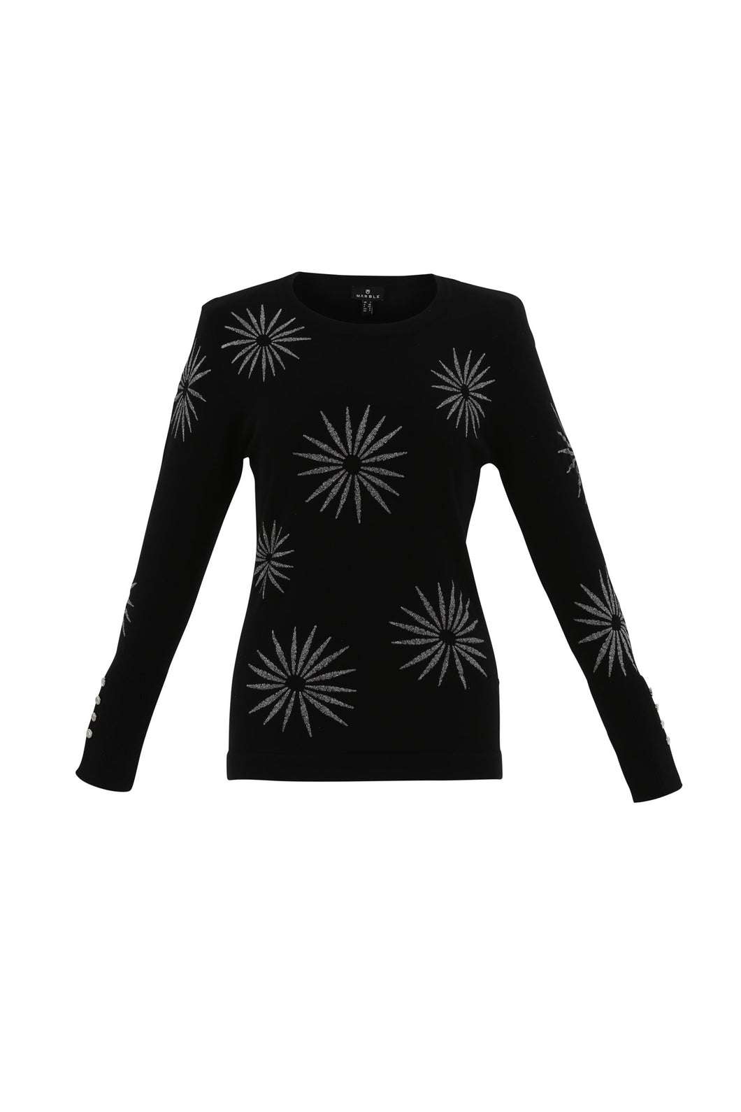 Marble Black Round Neck Long Sleeve Foil Print Sweater with Split Cuff and Stud Detail