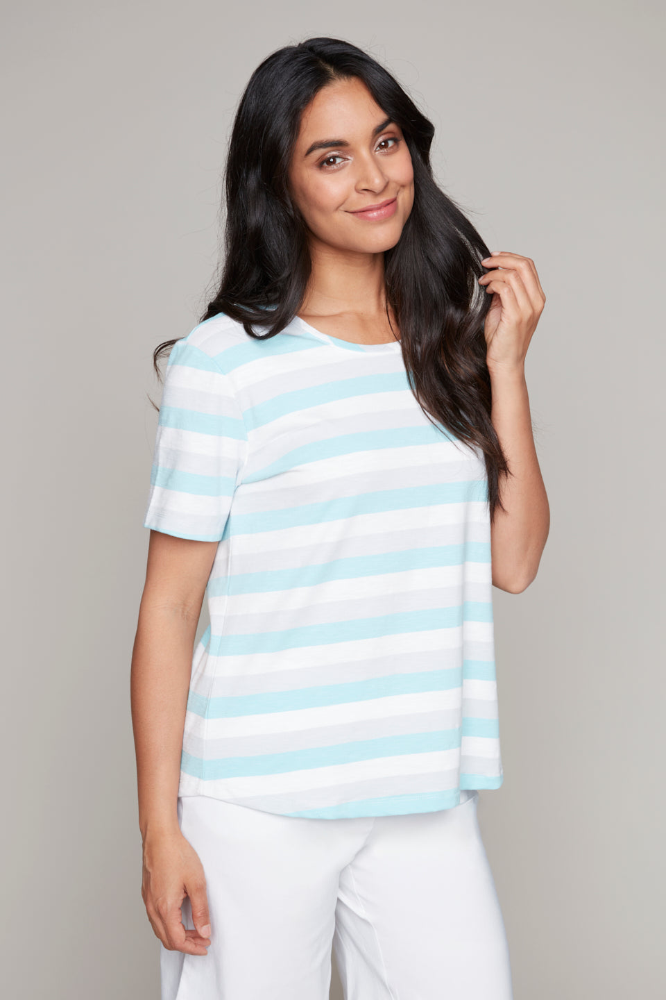 Carre Noir Round Neck Stripe Tee in Grey Combo or Navy Combo