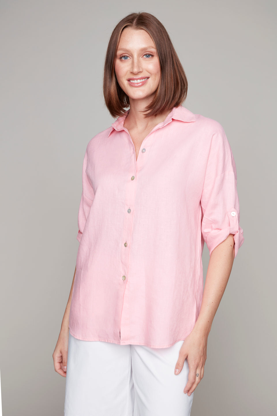 Carre Noir Soft Pink Linen Button Front Tunic with Roll Up Sleeve Option