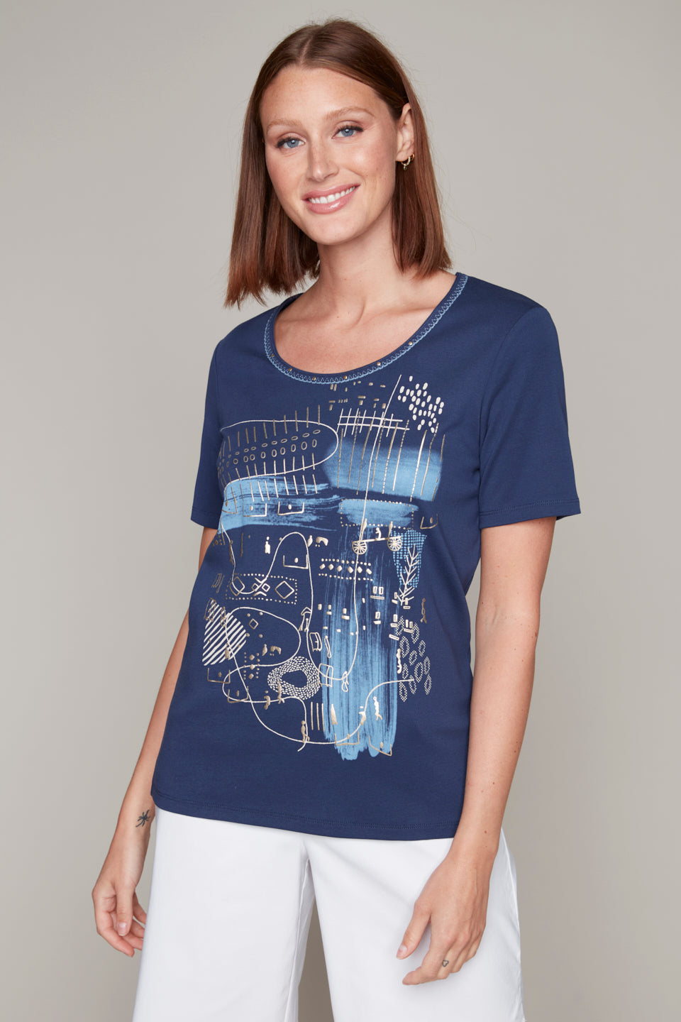 Carre Noir Navy Multi Round Neck Tee with Print on Front