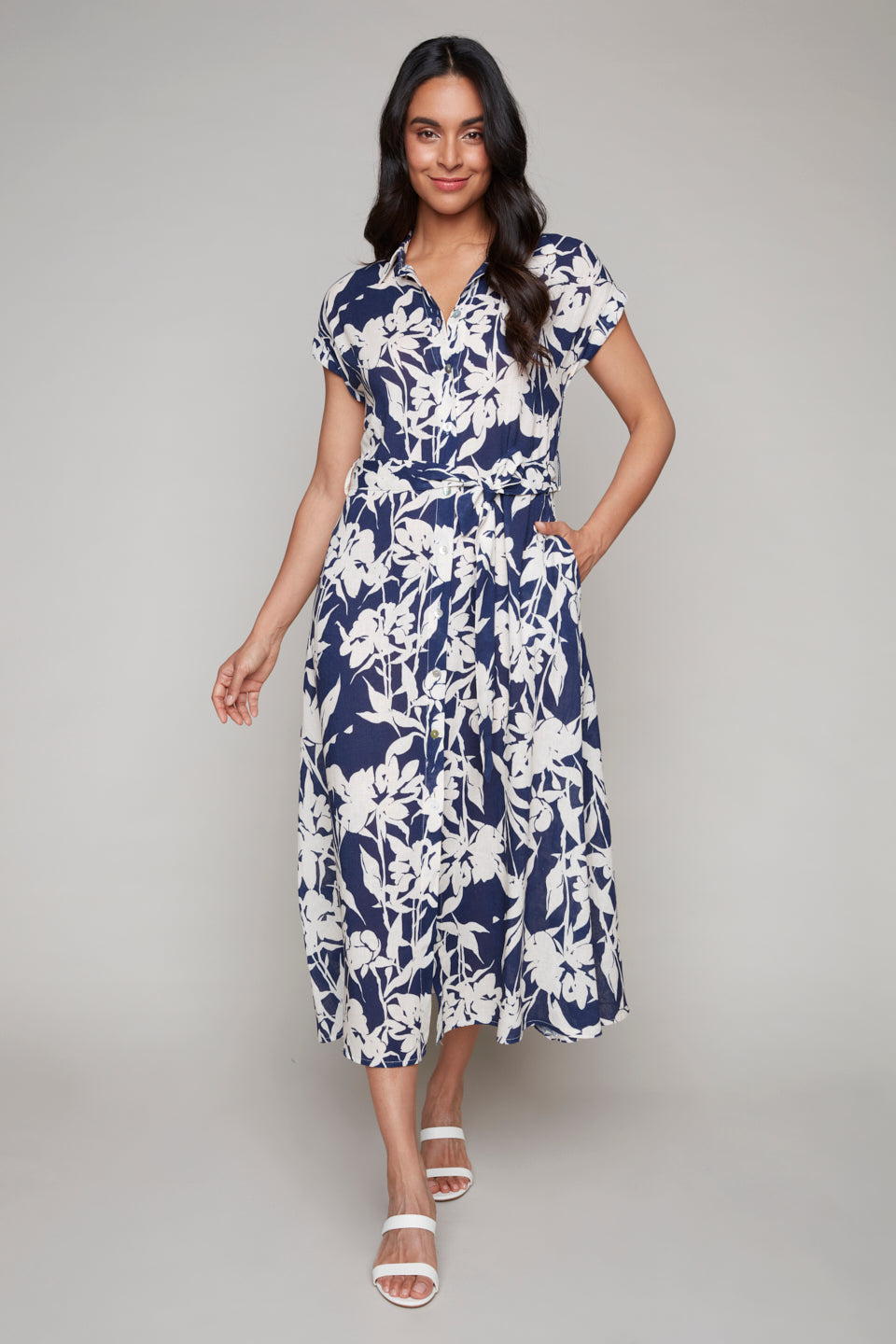 Carre Noir Navy & White Long Print Buttoned Dress with Tie Belt and Pockets