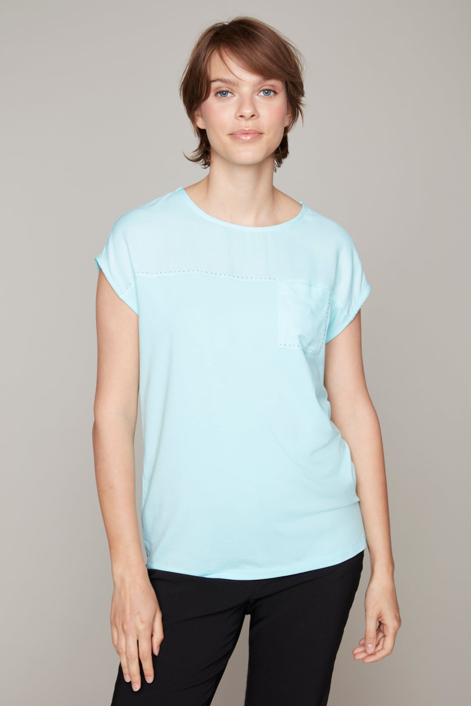 Carre Noir Cap Sleeve Round Neck Tee in Pink or Turquoise