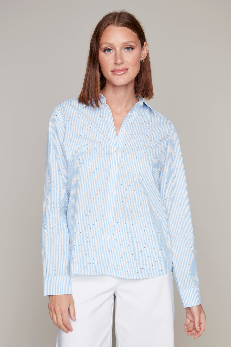 Carre Noir Light Blue and White Stripe Embellished Long Sleeve Blouse