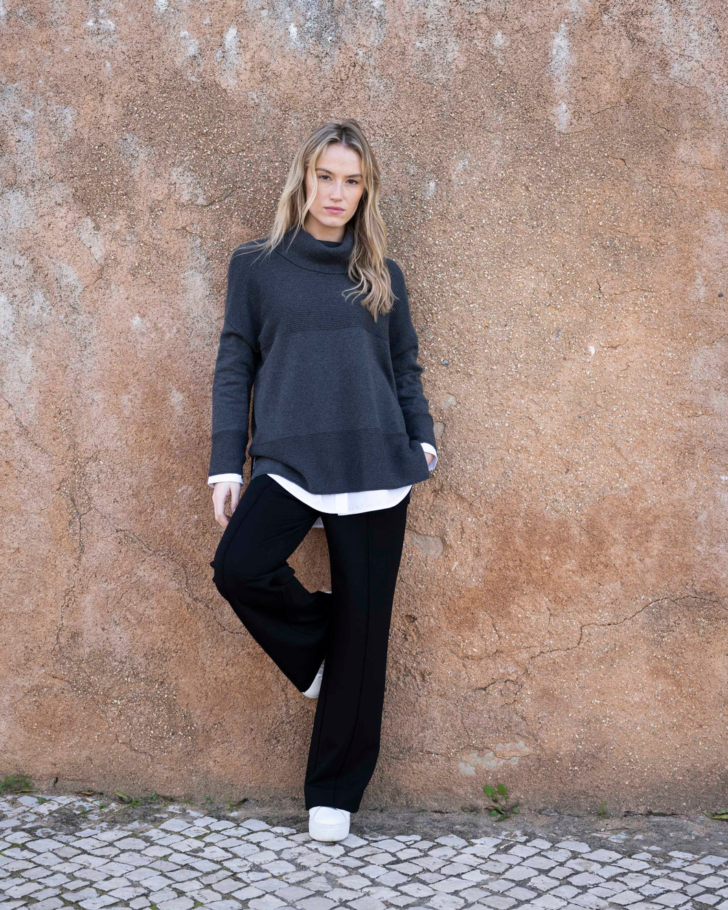 Marble Side Slit Turtle Neck Sweater
