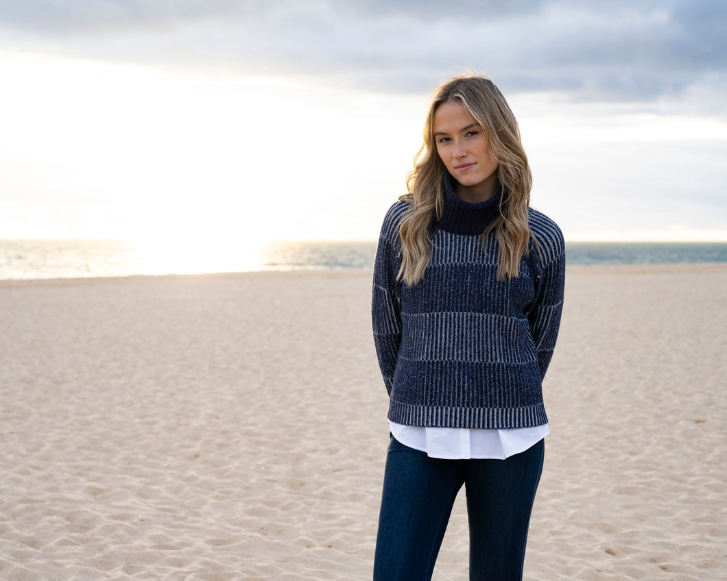Marble Tonal Stripe Turtle Neck Sweater