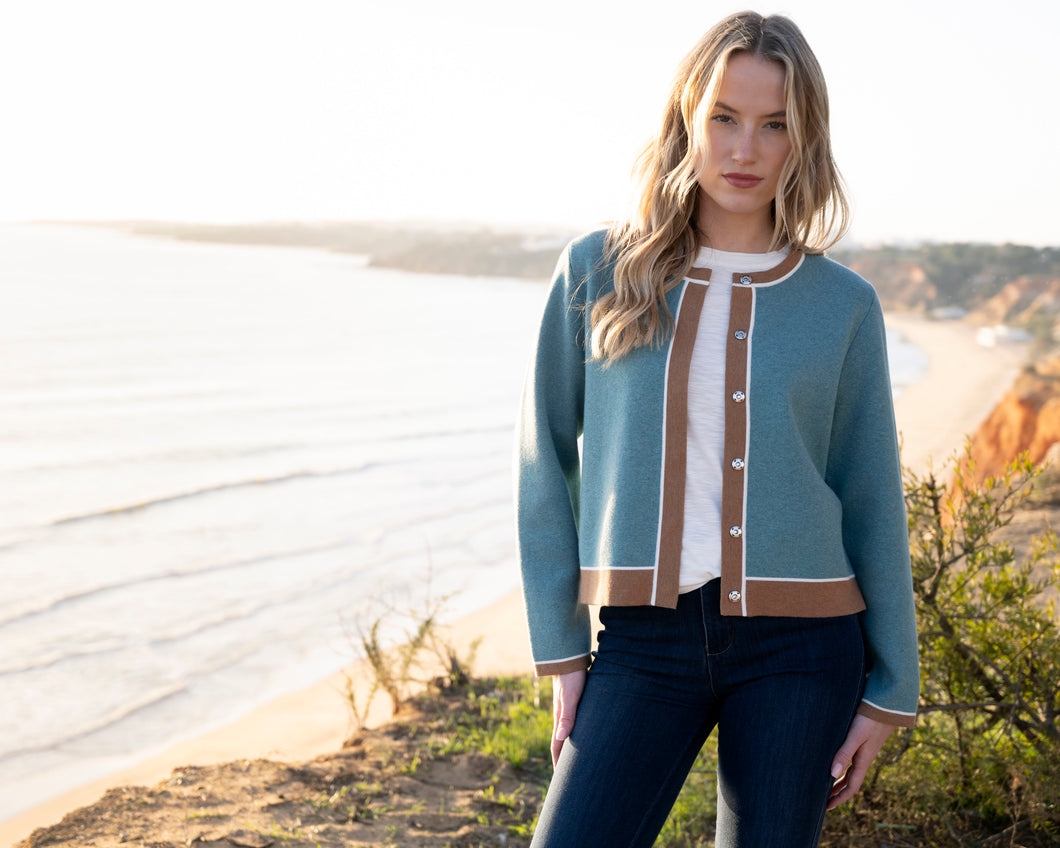 Marble Contrast Trim Button Front Cardigan