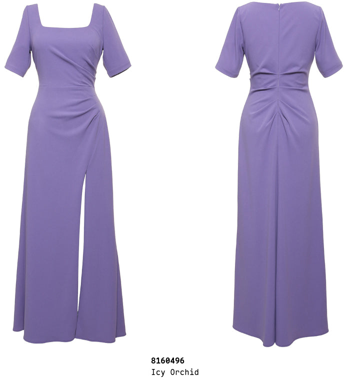 Alex Evenings Icy Orchid Elbow Sleeve Gown with Ruching & Front Left Slit
