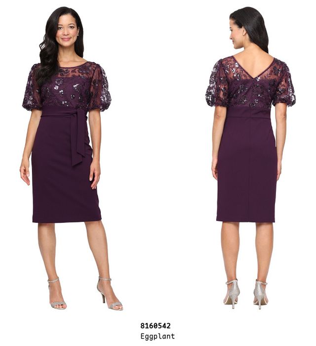 Alex Evenings Eggplant Short Lace & Sequined Dress with Tie Belt